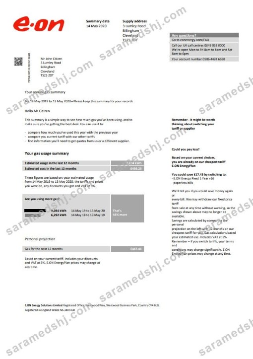 United Kingdom E.ON utility bill template in Word and PDF format, version 2